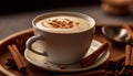 Hot coffee on wooden table, frothy cappuccino with chocolate generated by AI Royalty Free Stock Photo
