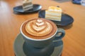 hot cofffee, cappuccino coffee or latte coffee or mocha coffee and cake