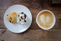 Hot cofffee, cappuccino coffee and scone , scone with whipped cream