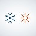 Hot and cold icon, sun and snowflake symbols. Weather or temperature concept. Stock vector illustration isolated on white