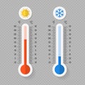 Hot and cold meteorology thermometers on transparent background