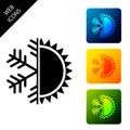 Hot and cold symbol. Sun and snowflake icon isolated. Winter and summer symbol. Set icons colorful square buttons Royalty Free Stock Photo