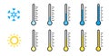 Hot and cold temperature graduation. High and low temperature. Celsius thermometers set. Thermometers set in flat style on white