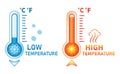 Hot and cold thermometer icon set. Low and high temperature on sÃÂale. Control cooling and heating. Vector