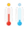 Hot and cold thermometers. Blue and red thermometers. Celsius and fahrenheit meteorology thermometers measuring heat and cold.