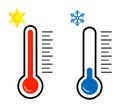 Hot and cold thermometers on white background. Variety vector thermometers in flat style