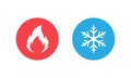 Hot and cold vector icon set isolated on white background. Fire and snowflake symbols in round buttons. Vector EPS 10