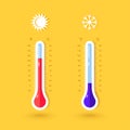 Hot and cold weather. Celsius or Fahrenheit thermometer scales. Warm temperature degree. Summer and winter. Heat or