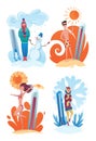 Hot cold weather. Meteorology thermometers illustration. Cartoon characters in summer and winter season Royalty Free Stock Photo