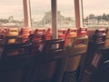 Hot colorful of Empty Seats on a Ferry boat for travel along Chao Phraya River Royalty Free Stock Photo