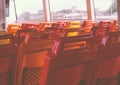 Hot colorful of Empty Seats on a Ferry boat for travel along Chao Phraya River Royalty Free Stock Photo