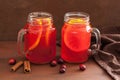 Hot cranberry tea with orange cinnamon warming drink Royalty Free Stock Photo