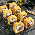 Hot Crispy Sushi Rolles with Salmon and Cream Cheese Inside Royalty Free Stock Photo