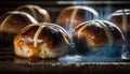 Hot cross buns with sugar and caramel on wooden board, selective focus