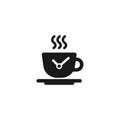 Hot cup with clock. Coffee time. Mug with tea or coffee icon flat