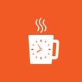 Hot cup with clock. Coffee time. Mug with tea or coffee icon flat