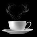 Hot Cup of Coffee with heart shape smoke on Black Backgro Royalty Free Stock Photo