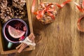 Hot cup of fruit tea and chocolate chips cookies. Royalty Free Stock Photo