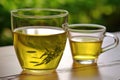 a hot cup of green tea alongside a glass of chilled white wine Royalty Free Stock Photo