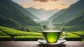 a hot cup of green tea on a table green tea fields and the morning sky health benefit concept Royalty Free Stock Photo