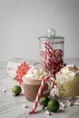 Hot dark chocolate during holiday season with whipped cream, marshmallows, candy canes, Christmas tree ornaments, green glitter Royalty Free Stock Photo