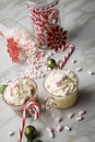 Hot dark chocolate during holiday season with whipped cream, marshmallows, candy canes, Christmas tree ornaments, green glitter Royalty Free Stock Photo