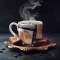 Hot delicious black Turkish coffee in mug with a decorative oriental pattern