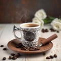 Hot delicious black Turkish coffee in mug with a decorative oriental pattern