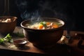 Hot delicious chicken soup product photography with natural lighting. Ai generated