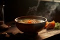 Hot delicious chicken soup product photography with natural lighting. Ai generated