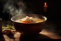 Hot delicious chicken soup product photography with natural lighting. Ai generated