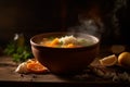 Hot delicious chicken soup product photography with natural lighting. Ai generated