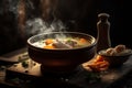 Hot delicious chicken soup product photography with natural lighting. Ai generated