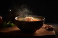 Hot delicious chicken soup product photography with natural lighting. Ai generated