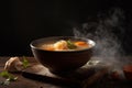 Hot delicious chicken soup product photography with natural lighting. Ai generated