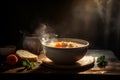 Hot delicious chicken soup product photography with natural lighting. Ai generated