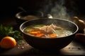 Hot delicious chicken soup product photography with natural lighting. Ai generated