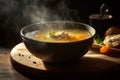 Hot delicious chicken soup product photography with natural lighting. Ai generated