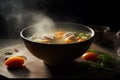 Hot delicious chicken soup product photography with natural lighting. Ai generated