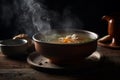 Hot delicious chicken soup product photography with natural lighting. Ai generated