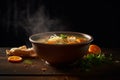 Hot delicious chicken soup product photography with natural lighting. Ai generated