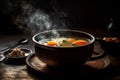 Hot delicious chicken soup product photography with natural lighting. Ai generated