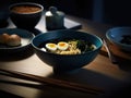 Hot delicious Japanese ramen noodles with egg. Generative AI Royalty Free Stock Photo