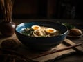 Hot delicious Japanese ramen noodles with egg. Generative AI Royalty Free Stock Photo