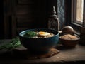 Hot delicious Japanese ramen noodles with egg. Generative AI Royalty Free Stock Photo