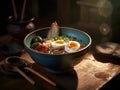 Hot delicious Japanese ramen noodles with egg. Generative AI Royalty Free Stock Photo