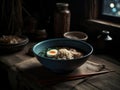 Hot delicious Japanese ramen noodles with egg. Generative AI Royalty Free Stock Photo