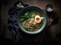 Hot delicious Japanese ramen noodles with egg. Generative AI Royalty Free Stock Photo