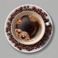 A hot and delicious latte in an espresso cup with coffee beans