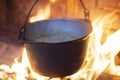 Hot delicious steaming food in a cast iron pot